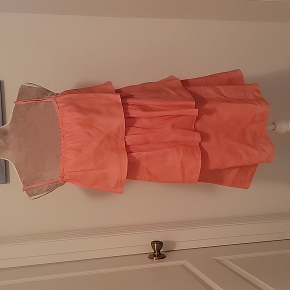 J Crew, Size 0, Playa Coral Orange Linen Tiered Ruffle Spaghetti Strap Dress. - Picture 1 of 9
